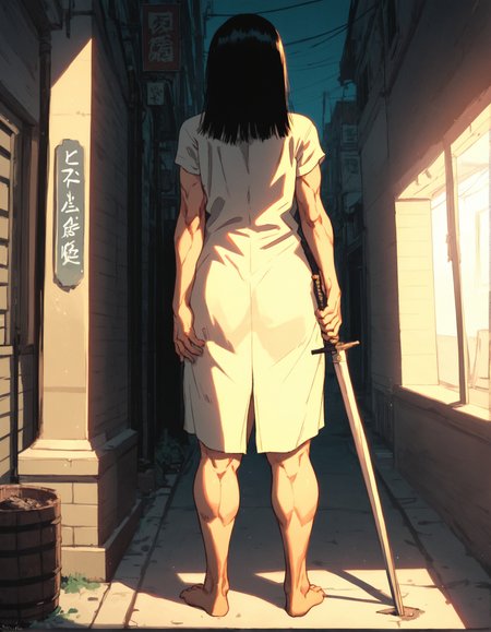 score_9, score_8_up, score_7_up,score_6_up,high resolution,mtskyamd,1girl, black hair,long hair,bangs,sleveless shirt,barefoot,smile, volumetric lighting,rim lighting,dof,dramatic shadow,from behind,standing,in street,holding sword, j0j0styl3