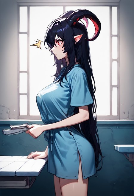 score_9, score_8_up, score_7_up, source_anime,  uncensored, <lora:Viper_Risen-000014:1>, v1p3r1seV6, BREAK, 1 girl, solo, monster girl, 18 years old, 160 cm tall, sickly pale skin, bright red eyes, circles under the eyes, goat horns, black horns, ash-black hair, long hair, disheveled hair, medium breasts, claws, black arms, black legs, pale blue dirty surgical shirt, bright red stripes on shoulders and neck, hospital gown, girl standing near table, holding folder with documents, looking at folder, surprised look, serious expression, side view, modern hospital, abandoned hospital, night, dim light, dark corridor