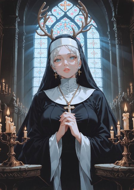 safe_pos, score_9, score_8_up, score_7_up, masterpiece, best quality, (ultra detailed background), highly detailed, fine details, ambient light, soft lighting,
BREAK
1girl, long flowing white hair, deer antlers, nun outfit, nun habit, mandarin collar, fur-trimmed felt cloak, decorative iron half mask, glossy lips, cross pendant, good composition, ethereal appearance, medium breasts, glamorous, 
(indoors:1.15), cathedral interior, looking at viewer, dynamic light, dynamic angle, detailed background, light rays, perspective, altar, candles, marble statue, dynamic background, warm tone, vermis style
