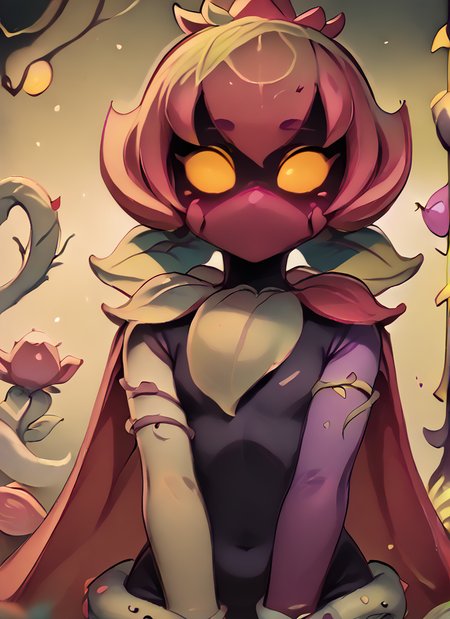 score_9, score_8_up, score_7_up, <lora:bslily:1>bslily 1girl  green skin ,  yellow eyes,  shaded face,   no mouth, pink hair , shaded face, ,pink mouth mask, plant girl , sleveless  , black bodysuit  ,  Vines , asymmetrical sleeves,  purple sleeve  ,  cape,  <lora:Kittew-4RCH0N:1>4RCH0N