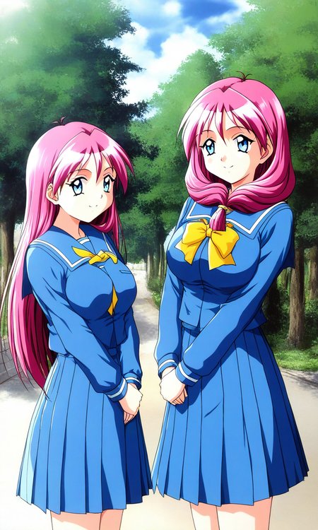 general,highres, ultra-detailed,very aesthetic,best quality ,best hands, BREAK <lora:Shirayuki_Mihoï¼Maho_Tokimeki_Memorial2_IS:1>
Shirayuki_Mihoï¼Maho, pink hair, blue eyes, long hair, large breasts, v arms, twins, 2girls,
blue school uniform, blue serafuku, blue skirt, Yellow bow, 
blue sailor collar, smile, long sleeves, pleated skirt, outdoor, tree, sky,
