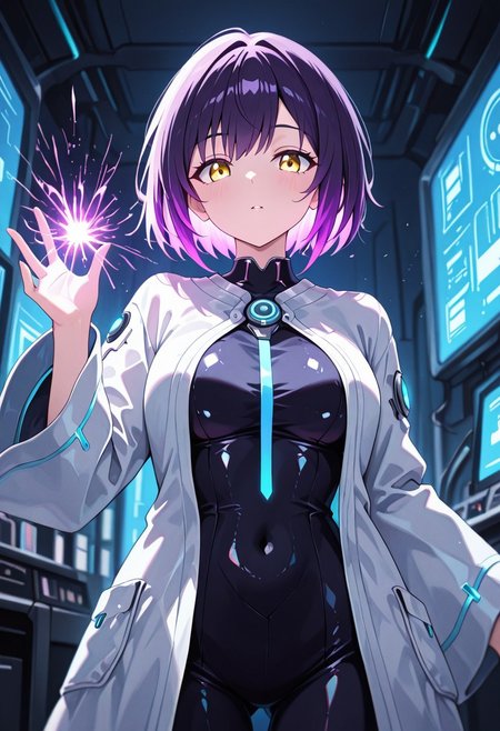 masterpiece, best quality, good quality, very aesthetic, absurdres, newest, 8K, depth of field,  in the style of cknc, artist:moriimee, in the style of cksc, 
1girl, short purple hair, glowing streaks, yellow eyes, medium breasts, firm, circuit-patterned robe, glossy skin, casting hologram, looking at viewer, from front
BREAK
futuristic lab, glowing screens, sparks flying
BREAK
cool tones, neon glow, high contrast, reflective surfaces, rich details, intense atmosphere
