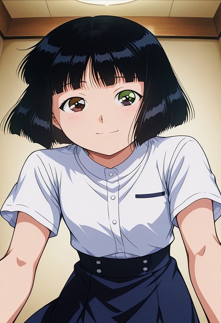 score_8_up, score_7_up, anime screencap, anime art style, best quality, hyper detailed,masterpiece, ruri madarame, bob cut, short hair, black hair, odd eye, ((right brown eye:1)), ((left green eye:1)), 1girl, solo, bangs, shirt, skirt, short sleeves,smile, happy, dynamic pose