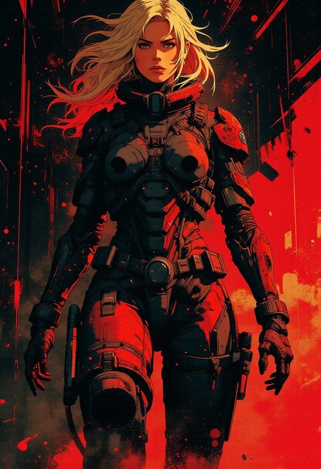 In the style of ff-td, nistyle, Silhouette Art, magnificent, inksplash double exposure, crisp lines, Capital spaceship cruiser (crimson and black) below closeup portrait of stunning japanese sci-fi space pirate, blonde loose hair, red and black power armour, directional lighting, dark background