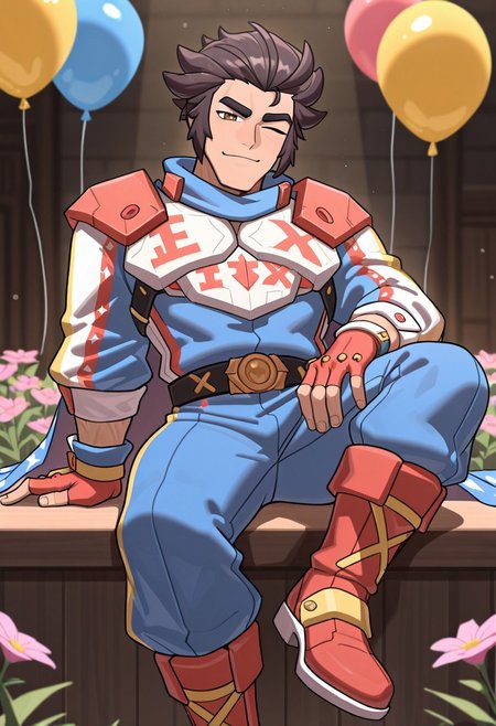 masterpiece,best_quality, newest, masterpiece, best quality, absurdres, highres, highly detailed, very aesthetic, depth of field, volumetric lighting
1boy, pen_mtas, muscular body, brown eyes, 
armor, Gold and Blue Armor, long sleeve, chest plate, Blue yellow pants, Cape, Blue white cape, gloves, fingerless gloves, Bracers, yellow bracers, Gauntlets, red gauntlets, boots, red boots
 bara, looking at viewer, one eye closed, balloon, flower, hand on hip, sitting, motion blur, portrait, pink flower