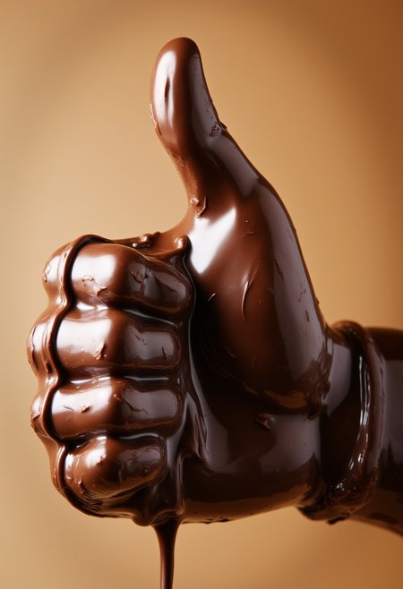 made of chocolate, chocolate style, A large dripping hand doing a thumbs up