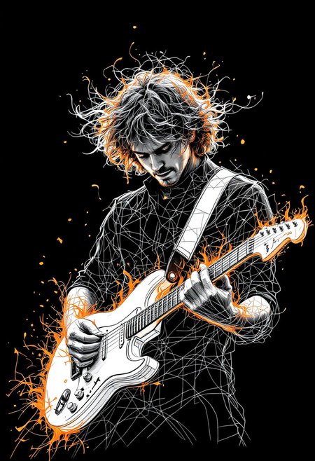 A mesmerizing line art drawing of a guitarist with a mesmerizing interplay of fire and white drawing lines. The guitarist is playing a white guitar with orange flames. The background is black. The drawing is in the style of abstract expressionism.