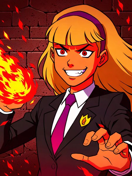 score_7, score_7_up, score_9, score_9_up, BREAK,  DC__Young_Justice_Child, 1girl, blond hair, red eyes, purple hairband, white shirt, black coat, red tie, insignia on coat, grin,  casting spell,  hands, fireball
<lora:DC__Young_Justice_Child:0.8>   <lora:sdxl_casting_spell:1>