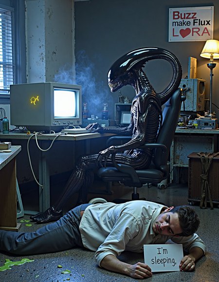 An alien xenomorph using an 80s computer in a dark office at night while a man is sleeping on the floor. The alien has glossy skin and it's inspired by Alien movies and it's sitting on an 80s chair. The computer screen features a bright light and a yellow lighting icon in it. The office is dark and has a thick mist and translucent slime, it features old broken tube lamps, broken desks, and rusty office equipment. The background features a big sign with the text "Buzz make Flux LoRA". The man on the floor is holding in his hand a sign with the text "I'm sleeping" and his eyes are closed. The lighting features obfuscate light coming from the tube lamps and computer screen. The scene reflects an 80s office and features a dark and muted blue color scheme. <lora:Flux_like_Kubrick:1>  <lora:amateurphoto-6version:0.7>