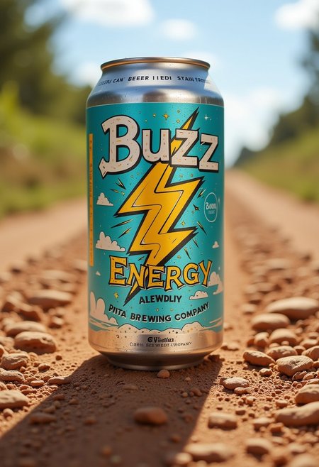 This is a high-resolution photograph of a can of beer, specifically the "Buzz Energy" beer from Civitai Brewing Company. The can is prominently displayed in the center of the image, standing upright on a rugged, dirt road with dirtbike tracks. The can's label is the main focus, featuring a vibrant, cartoonish illustration of a golden lightning bolt sparking with energy.<lora:Beer_Can_Creator_F1D:0.8>