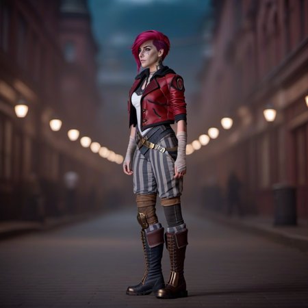 cinematic photo a woman, full body, pink hair, red jacket, steampunk city background, (((text ''VI'')))  <lora:Vi1024-V2:0.8> . 35mm photograph, film, bokeh, professional, 4k, highly detailed