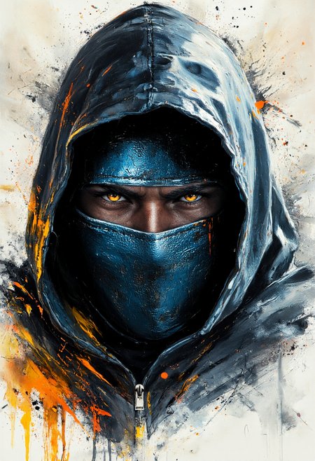 A striking and intense close-up portrait of a masked warrior, his piercing eyes burning with determination beneath the shadow of his hood. The blue metallic mask, battle-worn and textured, covers the lower half of his face, hinting at a cold and disciplined fighter. The artwork blends realism with a painterly, abstract style, featuring splashes of orange and yellow that contrast against the dark, icy tones of his attire. The rough brushstrokes and scattered textures create a sense of motion and raw energy, embodying the fierce and unyielding spirit of a deadly combatant.,aidmaimageupgrader, aidmaMJ6.1 <lora:aidmaImageUprader-FLUX-v0.3:0.4> <lora:aidmaMJ6.1-FLUX-v0.5:0.7>