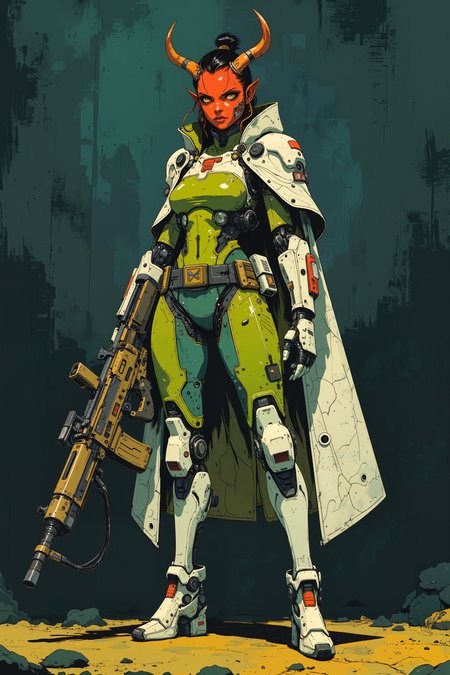 a futuristic, anthropomorphic female warrior with insect-like features. She stands confidently, holding a large, futuristic rifle with both hands. Her skin is a deep red, and she has sharp, pointed ears and two large, curved horns on her head, adorned with intricate patterns. Her eyes are piercing, with a dark, almost black color, and she has a stern, determined expression. She wears a form-fitting, green armored bodysuit with white accents and gold details, which covers her upper body and extends down to her thighs. Over this, she has a white cape with a textured, quilted pattern in shades of green and gold, which flutters slightly, suggesting movement.Her lower body is covered in white, thigh-high boots with red accents, and she has white, mechanical gloves that extend to her elbows. The background is a dark, textured gradient of blues and greens, which contrasts sharply with her vibrant attire, making her stand out prominently. The overall style of the drawing is highly detailed and realistic, with a focus on the intricate textures and metallic sheen of her armor.  ,in the style of cksc,anime, cyberpunk, DB4RZ, DB4RZ style painting <lora:CPA:0.5><lora:FLUX-daubrez-DB4RZ:0.3><lora:Luminous_Shadowscape-000016:0.3><lora:ck-shadow-circuit-000021:0.35>