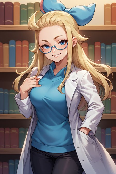 score_9, score_8_up, score_7_up, score_6_up, source_anime BREAK 1girl, solo  <lora:edealee-pdxl-nvwls-v1-000005:1> bsEdea, blonde hair, blue bow, hair bow, glasses, white labcoat, blue sweater, black pants, library, looking at you, happy, smug