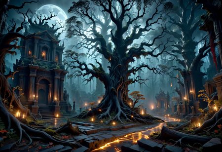 EdobHorrorLandscape, easynegative, (masterpiece), (extremely intricate), (8k), (hyper realistic), wallpaper of a mythical nightscape, side view, midnight, perfect full moon, detailed roots of dead trees, eerie ruins, gothic temple, voodoo, mythical, mysterious, dark atmosphere, nocturnal, gothic, eerie, magical, glowing, fantasy, magical particles floating in the air, wind, (award winning, dramatic, volumetrics dtx, cinematic lighting, hyper detailed background, film grain, physically based rendering, octane render unreal engine)