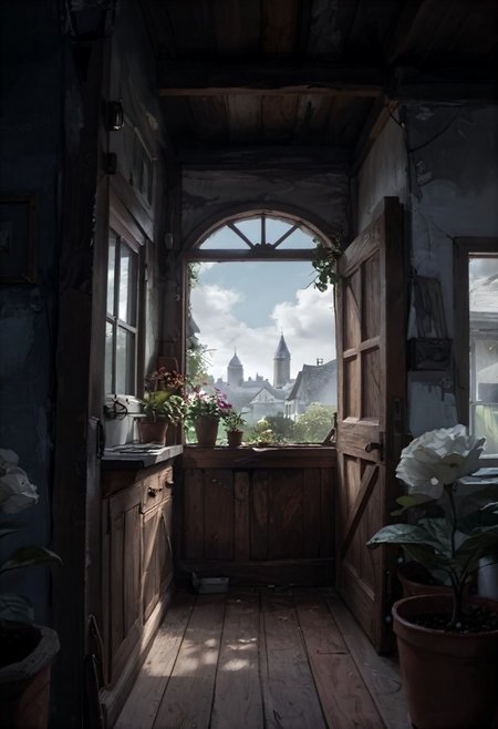 photorealism, no humans, plant, potted plant, scenery, door, window, outdoors, day, sky, building, flower pot, house, blue sky  <lora:painterial:-0.6>   <lora:Extra-DIM32:4.3>