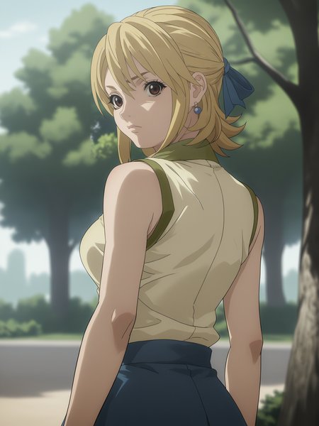 score_9, score_8_up, score_7_up, score_6_up, score_5_up, source_anime, smooth_anime,
Lucy_Heartfilia, 1girl, solo, brown_eyes, blonde_hair, ribbon, hair_ribbon, looking_at_viewer, long_hair, outdoors, jewelry, earrings, breasts, looking_back, sleeveless, blue_ribbon, skirt, shirt, tree, large_breasts, sleeveless_shirt, blue_skirt, long_skirt, day
 <lora:Zetman:1>
