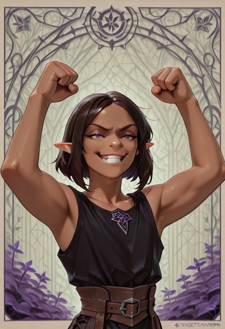 1 Lapanya, solo, Repeta, violet eyes, black sleeveless top,
Grinning, 
Fighting pose, fists up, bloody lip, 
Medieval style, Smooth colors, detailed eyes, organic cavern background, clean lines, high quality, best quality, masterpiece, rating: safe,  
source: anime,