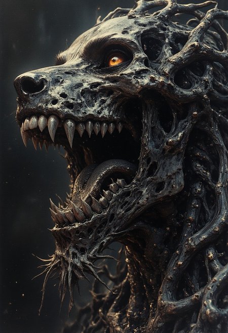 Off-center composition, right-aligned dynamic composition, an other wordly alien like monstrous skeletal creature, black glossy fractal skin leather texture, slimey, teeths, profile of a skeletal wolf with gaping jaws sharp teeth, disheveled fur fused half with a human set against a dark smoky background. The lighting accentuates the bone's texture and eerie atmosphere, cinematic film still, shallow depth of field, vignette, highly detailed, high budget, bokeh, cinemascope, moody, epic, gorgeous, film grain, grainy, cyberpunk style, glowing eyes, weird creature, blood moon in the background, Attack mode, hunting, on the move