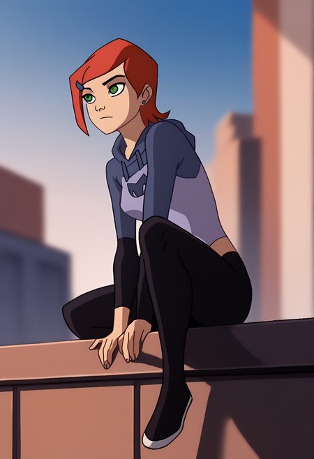 Score_9, score_8_up, score_7_up, score_6_up, SpecStyle, <lora:SpecPony:1.1>, wide shot,Gwen \(Ben 10\), solo, sexy, perfect face, thick eyeliner, long hair, red hair, green eyes, hairclip, medium breasts, blue sky, blurry background, building, blurry, parody, black eyes, 1girl, solo, outdoors, day, armor, full_body, female focus, posing, bodysuit, on rooftop, leaning against rooftop door,