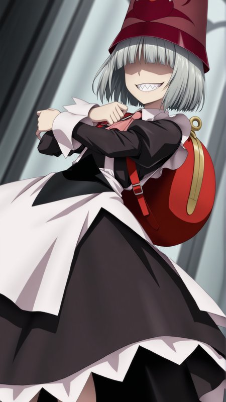 source_anime, general, best quality, masterpiece, 1girl, <lora:Bebedora_ill:1> bebedora\(arkthelad\),grey hair, sharp teeth, no eyes, short hair,hat,maid, maid headdress, maid apron, backpack,dynamic pose, dutch angle, evil grin, seductive (smile:0.8),