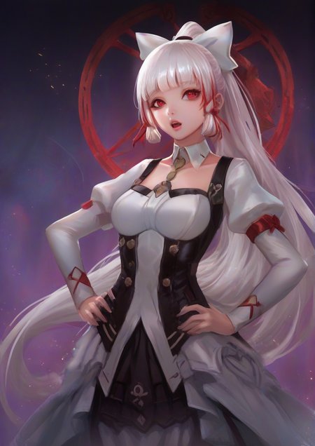 1girl, fujiwara no mokou, furry female, :o, arm belt, blunt bangs, bow, breasts, collarbone, hair bow, hands on own hips, juliet sleeves, light blush, long hair, long sleeves, looking at viewer, medium breasts, open mouth, ponytail, puffy sleeves, red bow, red eyes, shirt, signature, solo, two-tone bow, upper body, very long hair, white bow, white hair, white shirt, wing collar, zPDXL3  <lora:CGlas:1>