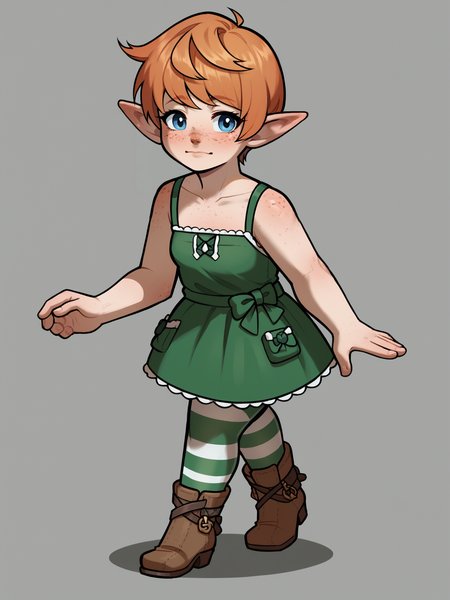 score_9, score_8_up, score_7_up, score_6_up, 1girl, solo, high quality, absurdres, detailed, fine fabric emphasis,
<lora:WossaRem v2:0.9>, wossarem, green short dress, striped pantyhose, ankle boots, <lora:PopipiDT_v1-20:0.8> popipi, lalafell, pointy ears, orange hair, freckles, short hair, blue eyes, brown nose