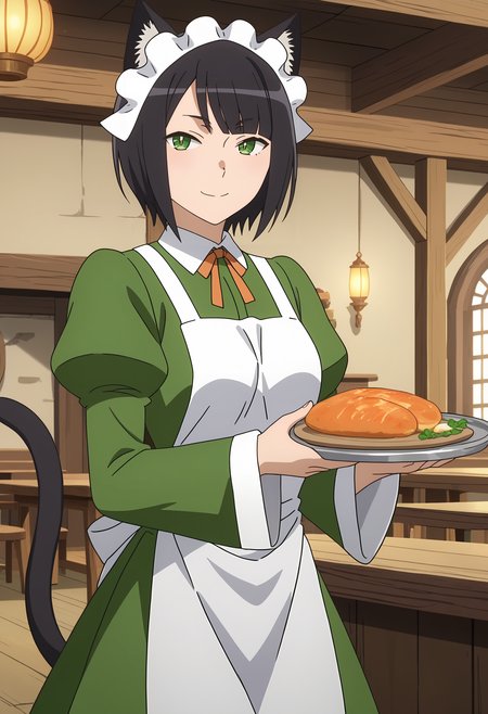 score_7_up, anime screencap,
<lora:DanMachi_ChloeLoloXL:0.9>,
1girl, closed mouth, light smile,
short hair, black hair, green eyes, slit pupils, animal ears, cat tail, black tail,
ChloeLolo, green dress, white headdress, neck ribbon, orange ribbon, juliet sleeves, long sleeves, white apron, black pantyhose,
holding plate,
standing, looking at viewer,
indoors, medieval, restaurant