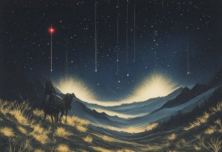 The image features a character mounted on a horse in a lush, grassy landscape under a starry night sky. The moon is large and prominent, illuminating the scene. Scattered throughout the area are glowing yellow trees, adding a mystical ambiance. The character is wearing armor, suggesting they are a warrior or knight, and the overall atmosphere conveys a sense of adventure and exploration typical of fantasy video games. The scenery blends elements of nature with an otherworldly vibe, characteristic of expansive open-world environments.