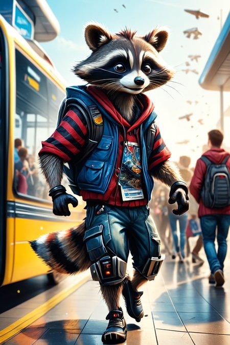 Detailed digital illustration of an anthro Raccoon (Dancing with carefree abandon) at a Crowded hoverbus terminal with robotic ticket dispensers, <lora:xl_more_art-full_v1:0.5>,  <lora:anthro_muscular:0.7>,  <lora:MJ52:0.6>, <lora:madpunk:0.4> madpunk