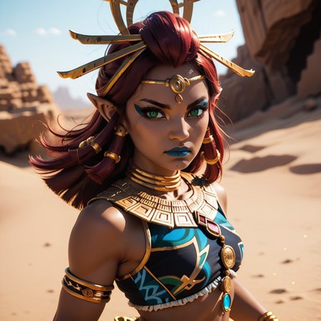 score_9, score_8_up, score_7_up, score_6_up, riju, 
1girl, solo, looking at viewer, long hair, gold, jewelry, green eyes, red hair, pointy ears, dark-skinned female, makeup, lipstick,  neck ring, blue lips, breasts
cowboy shot, dutch angle, desert background, lightning, SK_Fantasy, attack pose,