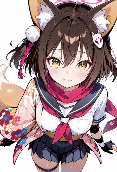 masterpiece, best quality, amazing quality,
(cowboy shot:1), white background, solo, looking at viewer, white background,
kuda_izuna, yellow eyes, brown hair, short hair, fox ears, fox tail, halo, hair ornament, japanese clothes, floral print, sailor collar, skirt, scarf, partially fingerless gloves, black gloves, thigh strap, fishnets, single thighhigh