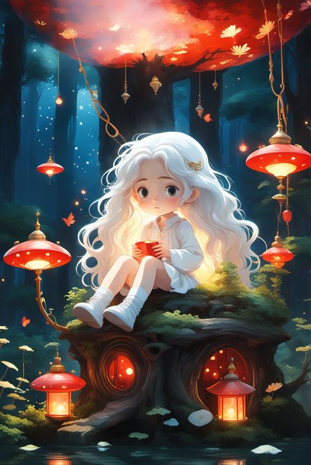 Studio Ghibli,1girl,long hair,white clothes,white hair,curly hair,Isolated on white background,light watercolor,bright,few details,sunlight,<lora:xl_more_art-full_v1:0.8>,
intricate linework,bright colors,behance contest winner,vanitas,angular,altermodern,unreal engine 5 highly rendered,global illumination,radiant light,detailed and intricate environment,soft focus,
mystical palace surrounded by a vast,shimmering lake.,red theme,fireflies,solo,cloudy sky,dark,no humans,night,tree stump,night,signature,garden,sunbeam,, (((masterpiece))),(((best quality))),((ultra-detailed))
