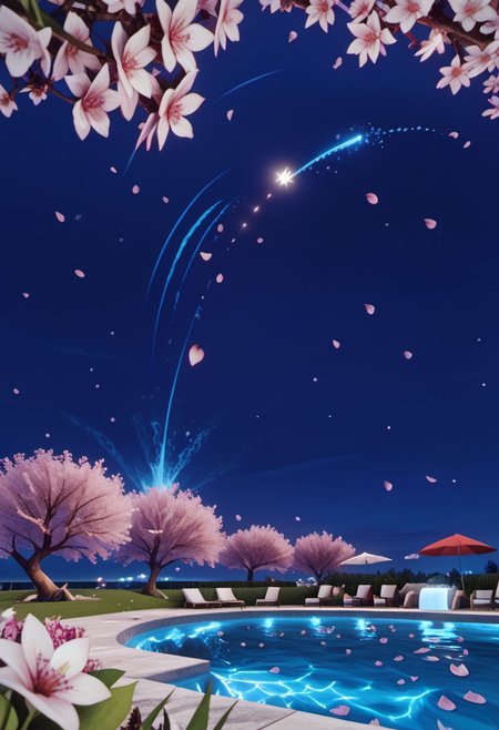 score_9, score_8_up, score_7_up, score_6_up, source_anime, masterpiece, 
Vicineko, 3d, 
water, flowers, flower petals, cherry blossoms, pool, rocks, falling petals, floating petals, water fall in background, ripples, untouched sanctuary, roaring waterfall, serene, idyllic, 
night time, beautiful night sky, shooting comets, 
<lora:Expressive_H-000001:0.8>,  <lora:MythP0rtr4itStyle:1>, mythp0rt, <lora:Pony_DetailV1.0:-1.0>