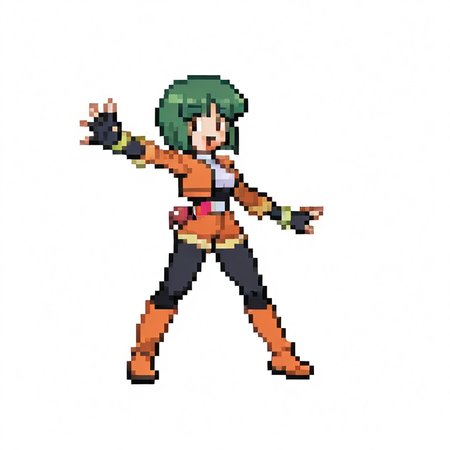 1girl, 
solo, full body, standing, 
rangerrhonda, 
rhondaoutfit, 
green hair, brown eyes, 
breasts, boots, 
outstretched arm, 
smile, open mouth