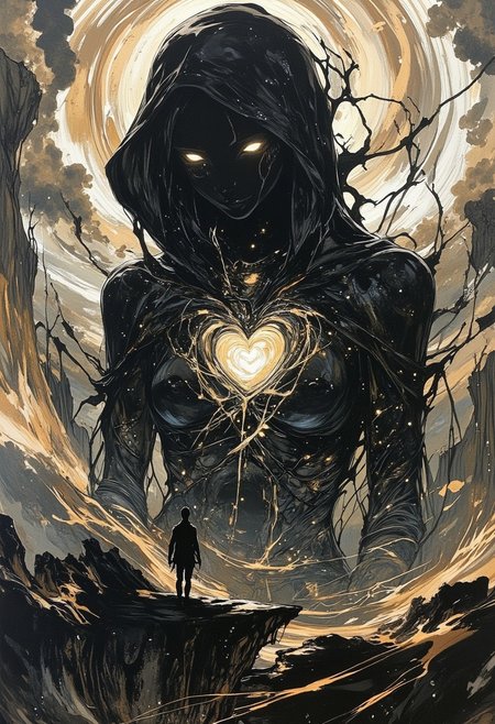 An oil painting depicting a beautiful female,in which bold,aggressive strokes of acrylic paint emerge from deep shadow,creating a dynamic interplay of light and darkness.The thick application of acrylic paint forms a textured surface,enhancing the sense of depth and dimensionality.Applied in a parallax style,the acrylic paint fluctuates with changes in perspective,revealing rich halftones and subtle variations in hue.This dramatic composition invites exploration,with swirling shapes and jagged edges that evoke a sense of movement and chaos,transforming the canvas into an immersive experience of visceral energy.breasts in hearts,very dramatic lighting,glare in the light,Mixed media,combining charcoal,and watercolor on a large,torn canvas.A haunting,surreal landscape depicting:A solitary figure standing at the edge of a vast,dark abyss.figure's face is obscured by a hood,their body is fragmented,with pieces missing.abyss is filled with swirling,ethereal clouds and distant,flickering stars.Symbolism:represents the search for identity and self-discovery.abyss symbolizes the unknown,subconscious,and the fears that lie within.fragmented body signifies the struggle to find wholeness and unity.faint,glowing thread connects the figure's heart to a distant hole.canvas's torn edges