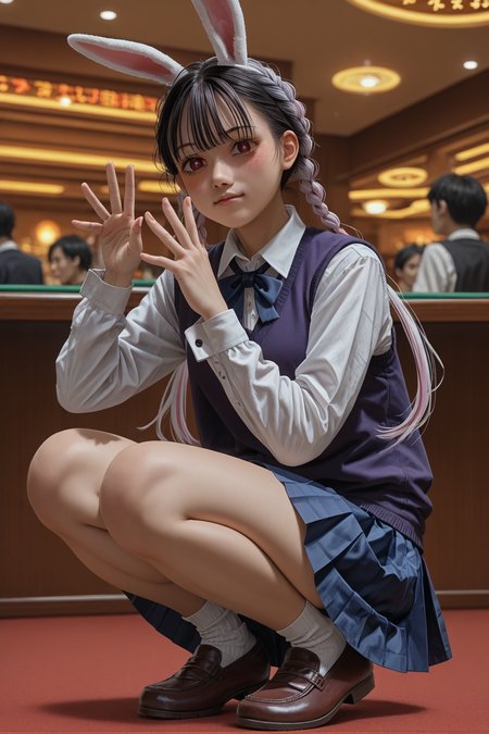 score_9, score_8_up, score_7_up, score_6_up, source_anime, 1girl, solo, 
<lora:Nao_Toramaru:0.6> nao toramaru, black hair, multi colored hair, white braids, bangs, long hair, star pupils, red eyes, schoolgirl outfit, white dress shirt, 1girl, school uniform, skirt, solo, collared shirt, purple vest, blue skirt, brown shoes
, squatting, bunny pose,, looking at you, indoors, casino, blush, hands up, embarrassed, <lora:hand 4:0.5> hand person, solo
<lora:Eyes_High_Definition:0.25> eyeshd ,