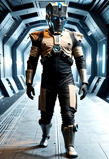 Corpus crewman in a spaceship corridor, science fiction,  dramatic shot, male focus, 1boy, male corpus crewman wearing corpus crewman helmet,  robot, rectangular helmet, blue light bar on helmet, brown and black corpus crewman suit, (helmet with hard edges, helmet with a flat front face, helmet with hard corners, helmet with blue light strip), black shoulder pad, tubes from metal chest plate, black gloves with silver palms, blue circle near hips,  metal bands below fore arm, fit, athletic build, square patch on thigh, holding electric baton,
realistic texture, realism, best quality, 
(((Corpus, corpus crewman, Tan and black corpus suit, corpus tileset,    Corpus helmet, wearing helmet, wearing corpus helmet,))) moa in the background, two legged robot in the background,