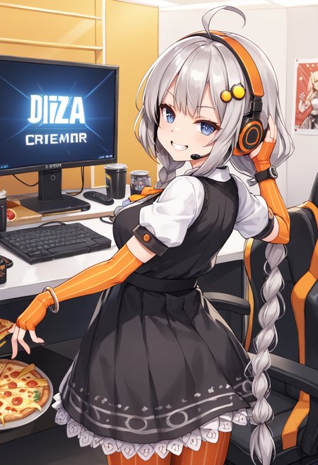 score_9, score_8_up, score_7_up, 
 <lora:KizunaAkari_MMD_Pony_V1:0.95>blue eyes, grey hair,  ahoge, twin braids, braid, very long hair, hair ornament, hair tubes, headphones, headset, 
black dress,  lace-trimmed dress, short sleeves, puffy sleeves, 
orange gloves, striped gloves, elbow gloves, fingerless gloves, bracelet, 
orange pantyhose, striped pantyhose, 
star print, star (symbol), vertical stripes, 
from behind,, look at viewer,, upper body,,
Streamer room, gaming chair, gaming PC, game equipment, controller, TV monitor, PC monitor, headphones, headset, anime poster, game poster,foods, Holding food ,hamburgers, pizza, french fries, junk food,
smile,cowboy shot ,huge brests,
smug, smirk, blush,peace sign,