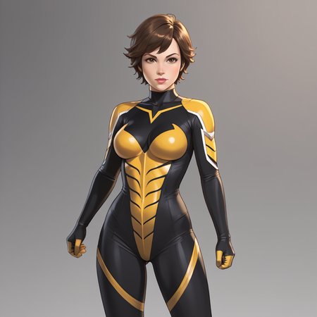 <lora:wasp_pony_v1:.7> waspjanet, 1girl, short hair, bodysuit, medium breasts, brown hair, brown eyes, lips, cowboy shot
