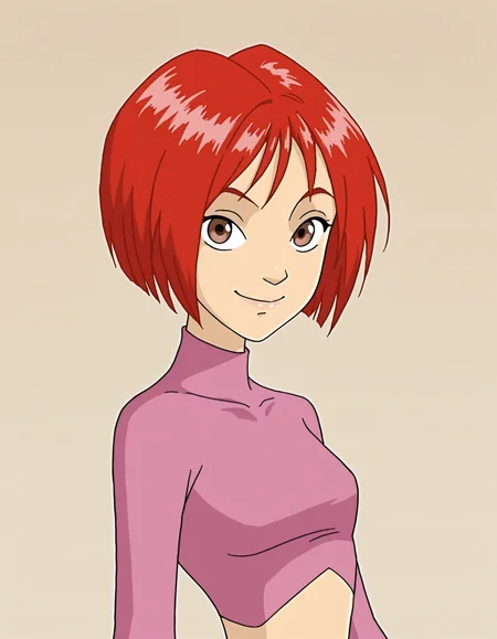 willvandom, red hair, short hair, 1girl, solo, long sleeves, brown eyes,  crop top, bob cut,pink shirt, turtleneck, looking at viewer,smile,upper body,portrait, masterpiece, best quality, amazing quality, very aesthetic, absurdres <lora:WillVandomIllustrious1.0JLFO:1> simple background,