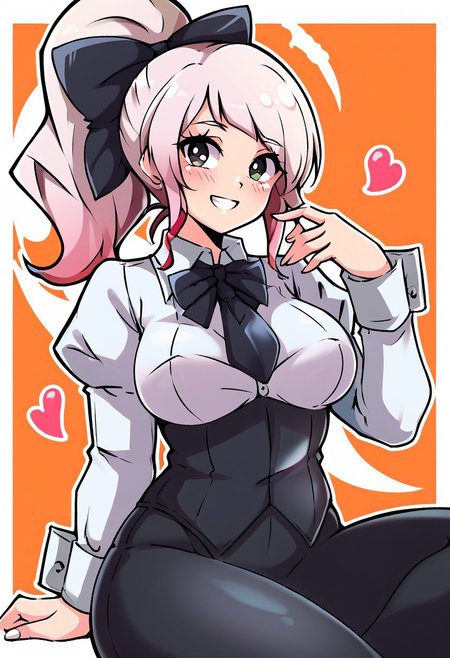 score_9, score_8_up, score_7_up, score_6_up, score_5_up, score_4_up, source_cartoon, <lora:confetti-extract- ponyxl:0.85>, detailed eyes, easynegative, rating_explicit, Expressiveh, 1girl, solo, moz
Geraldine, shirt, long sleeves,  white shirt, white hair, ponytail, sidelocks, thighs, hair bow, collared shirt, pants, puffy sleeves, bowtie, black eyes,  wrist cuffs, black bow, dress shirt, swept bangs, black pants,  high ponytail, juliet sleeves,  black bowtie,  sleeve cuffs, traditional bowtie, necktie, shy, blush
big breasts, , smiling at viewer