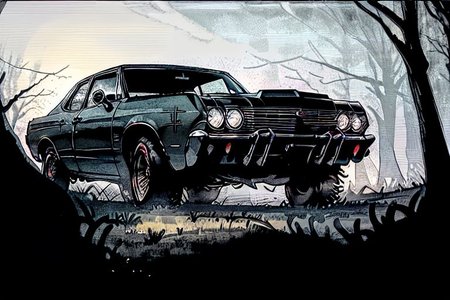 1967 CHEVROLET IMPALA, Sport Sedan, light beams, Black, dark forest background, blood moon, single lantern, dirt road, supernatural, feep fog,