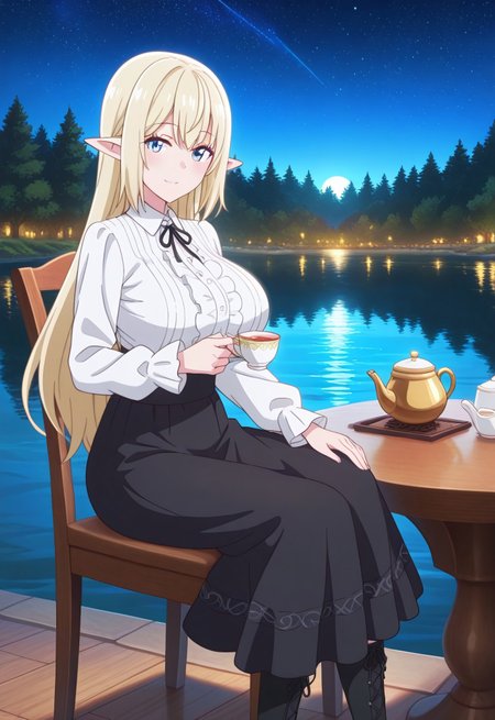 masterpiece,best quality,1girl,looking at viewer,

ar1a, blonde hair, long hair, pointy ears, elf, blue eyes, large breasts,collared shirt, long sleeves, black ribbon, black skirt, long skirt, black footwear, knee boots,

light smile, A beautiful anime girl sitting elegantly on a chair by the lakeside at night, enjoying a peaceful tea time under the moonlight. tea pot, She gracefully holds a delicate tea cup in one hand, while a charming tea pot rests on the table in front of her. The serene lake in the background reflects the soft glow of the moon, creating a dreamy and tranquil nighttime atmosphere. Moonlight filters gently through the trees, casting a silvery glow over the scene. The girl wears a refined Victorian-style dress with intricate lace and ribbon details, exuding elegance and grace. The setting features realistic reflections on the water, cinematic nighttime lighting, and a breathtaking natural backdrop under the night sky filled with stars.
