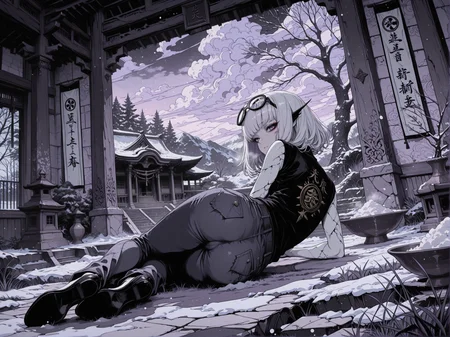 masterpiece,best quality,amazing quality,, re4lity_sync_illu, Sinozick_illu, LeIsT0_illu, 1girl, (solo:1.4), (cute, adorable, kawaii:1.2),
soft lighting, shadows, soft shadows, dramatic lighting,  light particles,,  dark theme, surreal, flat color, spot color, (monochrome, grayscale:0.7), light purple theme, (exterior,:1.1)
1girl, (solo:1.4),  medium hair,   no puplis,   looking at viewer,    ,tall,  modest shoes,    rough patches, mismatched colors,  (light white skin, colored skin,:1.4)  from behind, looking back, looking at viewer, dutch angle, on side, laying on side, , hands behind back,  
expansive print,  googles on head,
  military jeans,
copper corner wall, snow, winter, ice,   twisted grass, magical clouds,   emergency lighting, staircase, huge plants, huge trees, huge flowers,  gold short walls,   firebloom tree, colored grass,  shrine, temple, towering columns, intricate carvings, sacred altars, incense burners, polished floors, banners, wall murals, offering bowls, symbols, shelves, crystals,  Jagged cliffs, bedroom, bed, window, 
<lora:NOOB_vp1_detailer_by_volnovik_v1:1> <lora:add-detail-xl:1> <lora:Sinozick_style:0.6> <lora:LineArt Grey [LoRA] - Illustrious-XL v0.1:0.4> <lora:LeIsT0_style:0.2> <lora:- iLL - the_edgy_mech_V2.0-:0.4> <lora:ck-shadow-circuit-IL:0.4> <lora:illustrious_very_aesthetic_v1:0.2> <lora:cutesexyrobutts_style_illustrious_goofy:0.2> <lora:OldAnimeStyle_XL_v3:0.3> <lora:xl_more_art-full_v1:0.3> <lora:style2:0.1> <lora:ponyv6_noobE11_2_adamW:0.2>