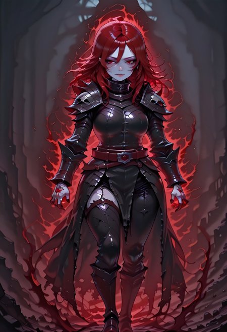 masterpiece, best quality, highres, absurdres, amazing quality, high resolution, 
Red Eyes, Red Hair, pale skin, Black Medieval Armor, leather straps, full body armor
animate_dead, aura on skull,