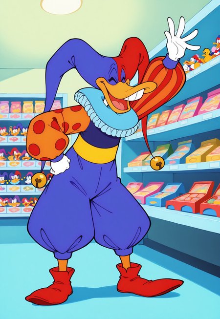 safe_pos, score_9, score_8_up, score_7_up, 1boy, solo, Quackerjack, furry, duck, jester cap, two-tone hat, hat bell, ruff, long puffy sleeves, mismatched sleeves, blue pants, orange legs, red shoes, pointy footwear, laughing, toy store setting, dynamic pose,