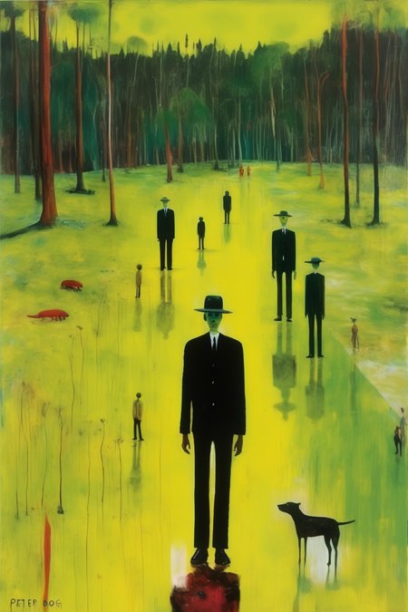 <lora:Sidney Nolan Style:1>Sidney Nolan Style - In the style of Peter Doig. Add people walking in the picture and a person in the foreground.