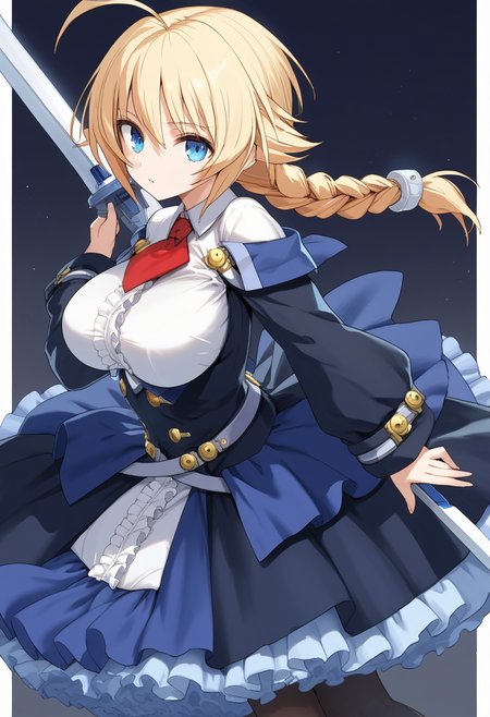 score_9, score_8_up, score_7_up, source_anime BREAK 1girl, solo, <lora:bb_es:1>, bb_es, holding sword, huge weapon, blue dress, frilled skirt, petticoat, red necktie, long sleeves, multiple belts, large breasts, black pantyhose, ahoge, blonde hair, bangs, braided ponytail, blue eyes, looking at you