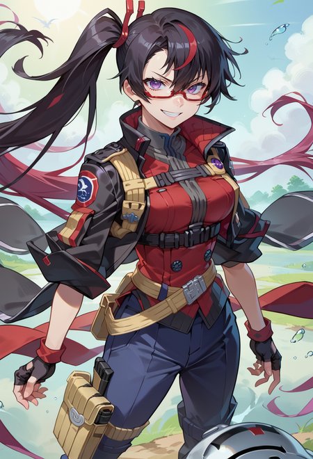 score_9, score_7_up, source_anime, BREAK  <lora:Taiki Dendro:0.9> taiki, art,, solo, smug smile, 
1girl, purple eyes, red-framed eyewear, black hair, red colored tips, red streaked hair, very long hair, side ponytail, tied hair, medium breasts, red colored tips,, jacket on shoulders,red dress, sleeves rolled up, fingerless gloves, holster, belt, multiple belts, combat boots, bulletproof vest, pants, black coat, tactical clothes,
